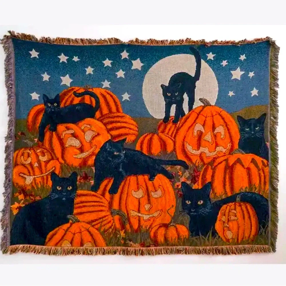 Witchy Black Cat and Pumpkins Wall Tapestry / Bed Blanket / Rug | Halloween - Picture 1 of 2